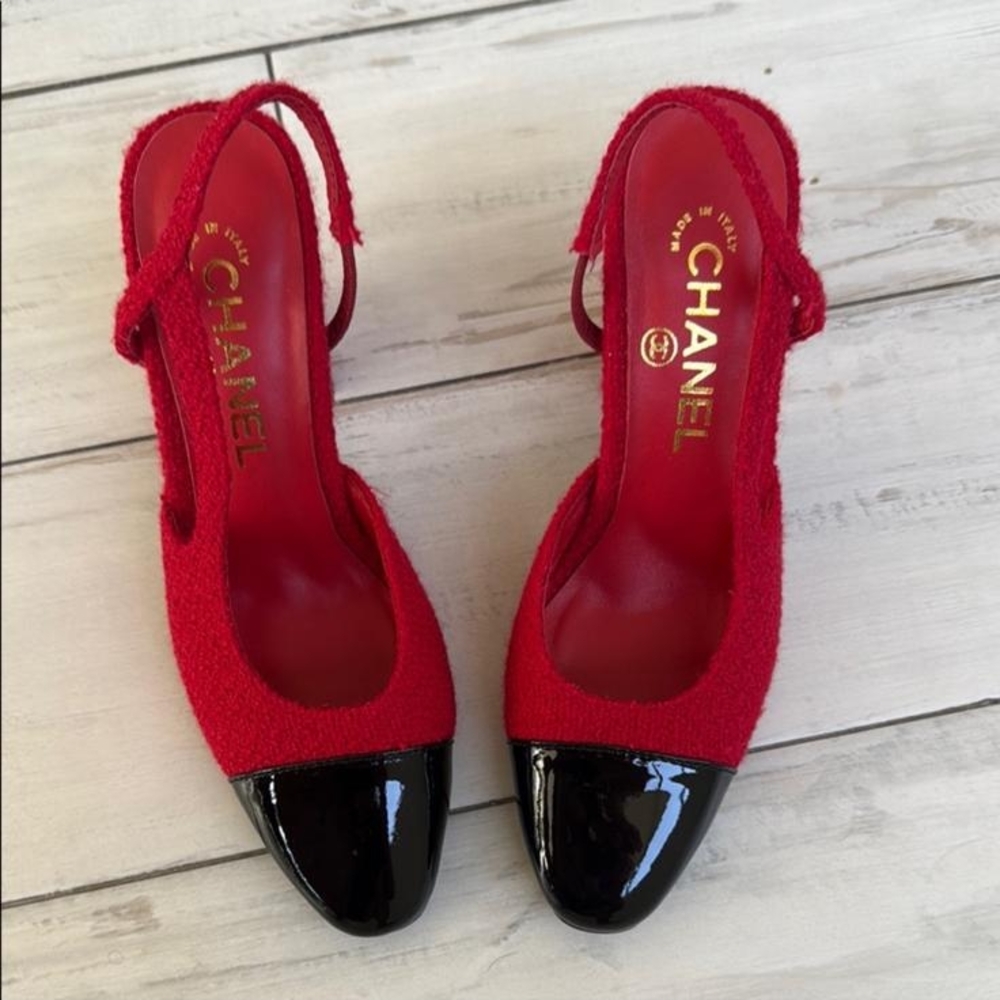 CHANEL Red and Black Heels